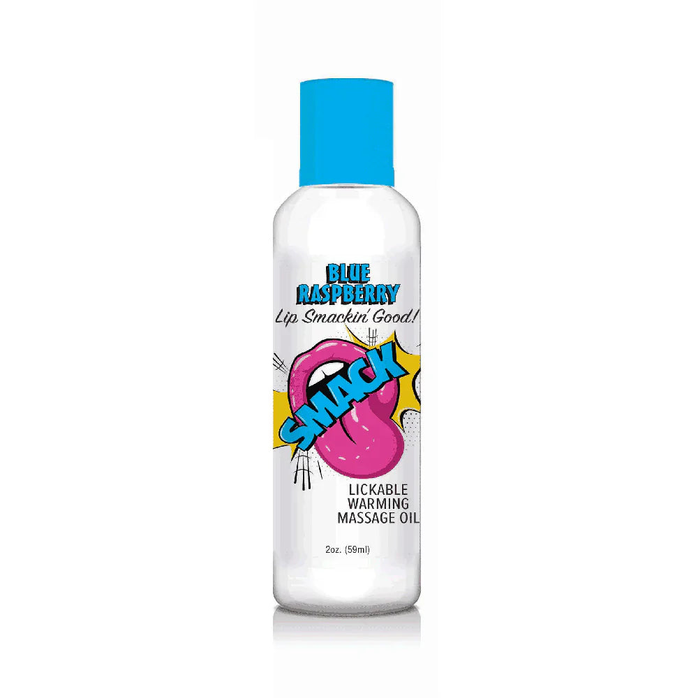 Blue Raspberry warming and lickable massage oil in a clear bottle with a blue cap.