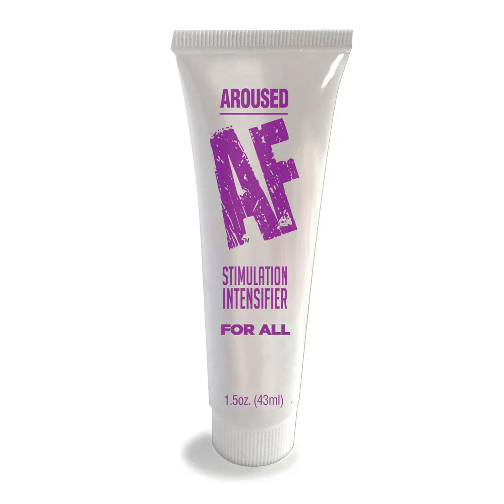 Aroused AF stimulation cream in a white tube with purple text.