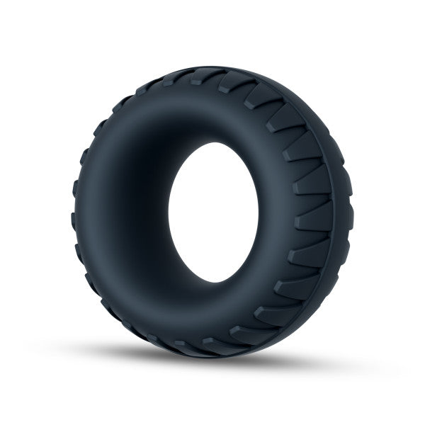 Dark grey silicone cock ring with textured outer edge.
