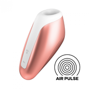 Rose gold and white air-pulse clitoral stimulator with two buttons.
