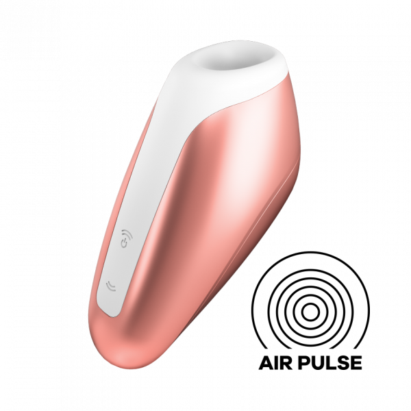 Rose gold and white air-pulse clitoral stimulator with two buttons.