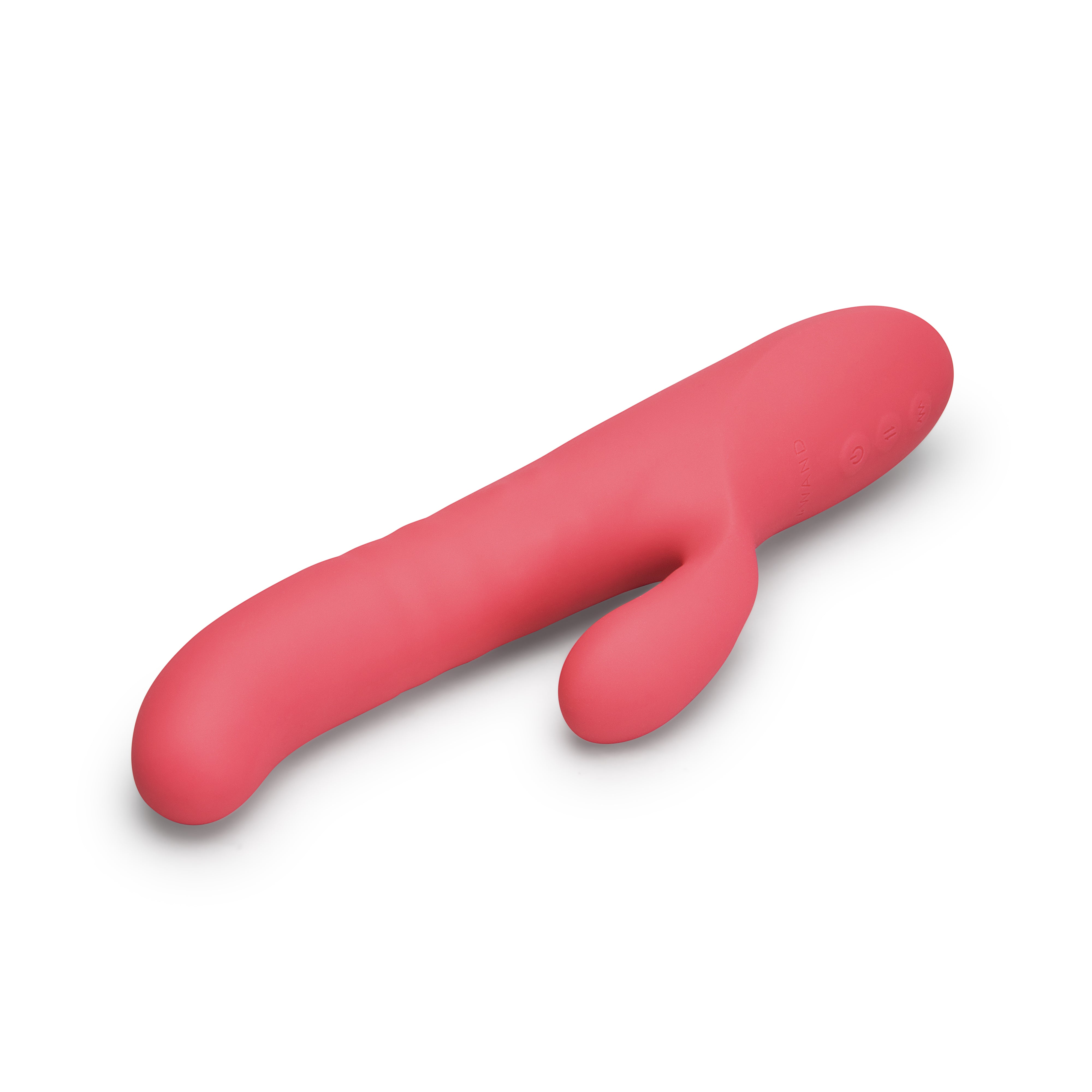 A pink silicone thrusting rabbit vibrator with buttons on the handle.