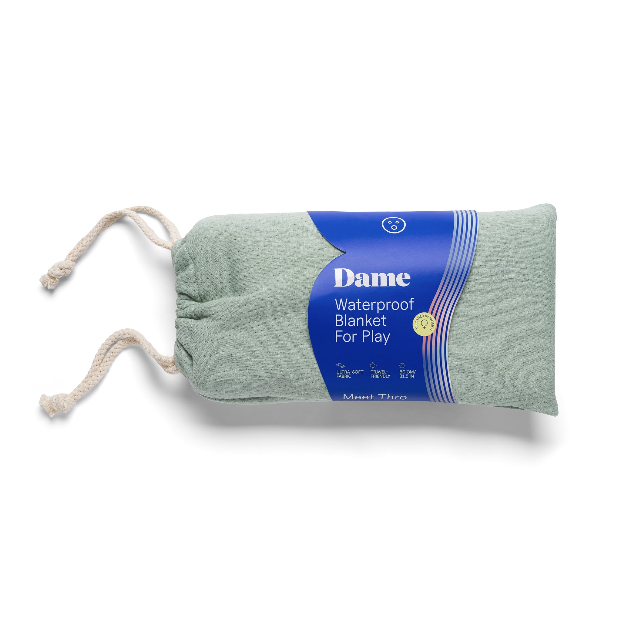 Sage green waterproof blanket with drawstring bag by Dame.