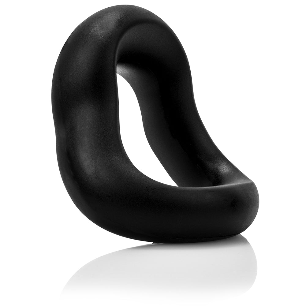 Curved black silicone cock ring with a reversible design.