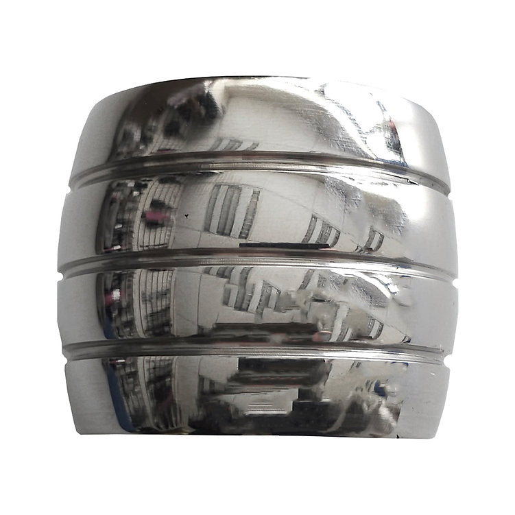 Stainless steel round cock ring with four grooved bands.