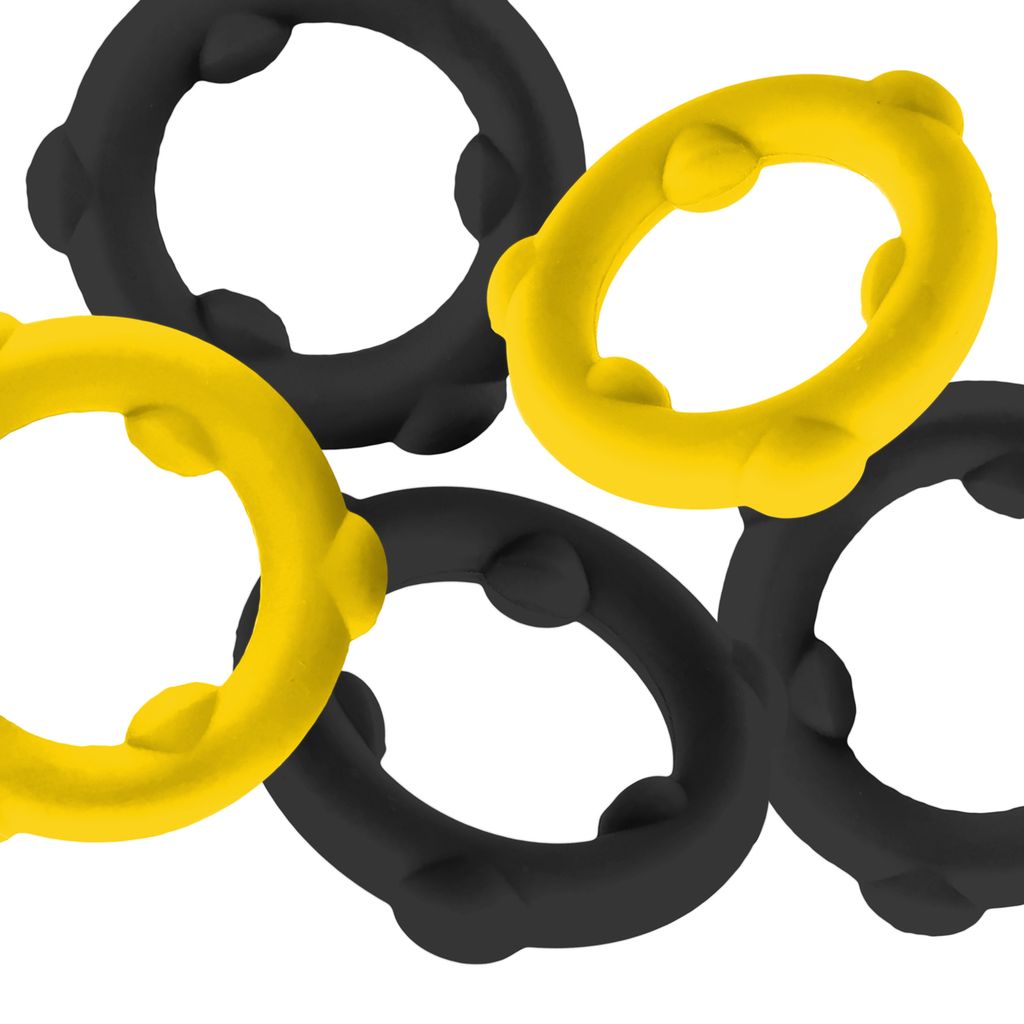 Five silicone spinner cock rings in yellow and black.