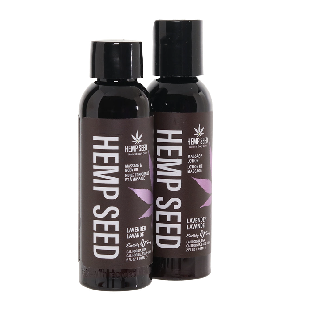 Two bottles of Hemp Seed Lavender Massage Lotion and Oil.