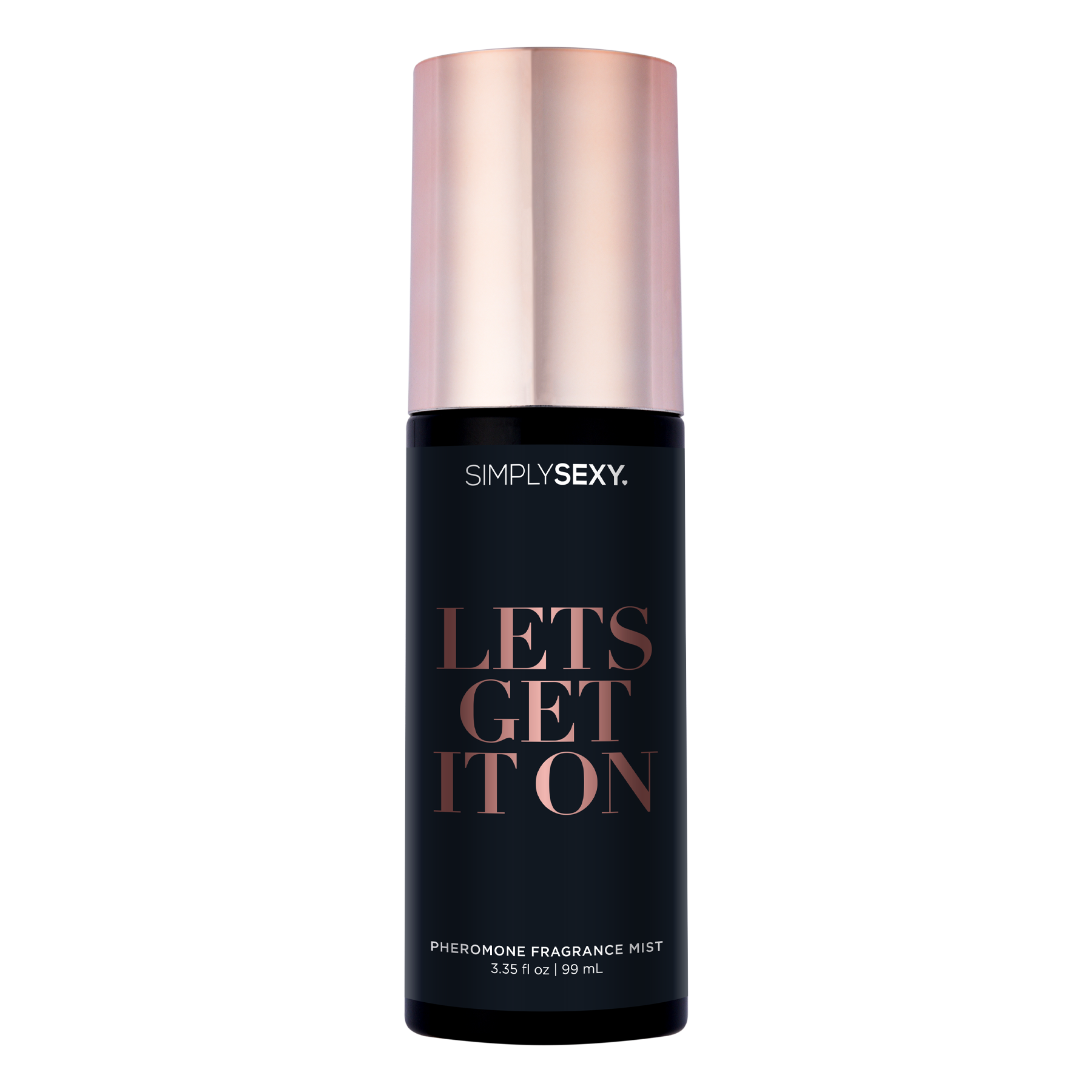 Simply Sexy Pheromone Body Mist in a black bottle with a rose gold cap.