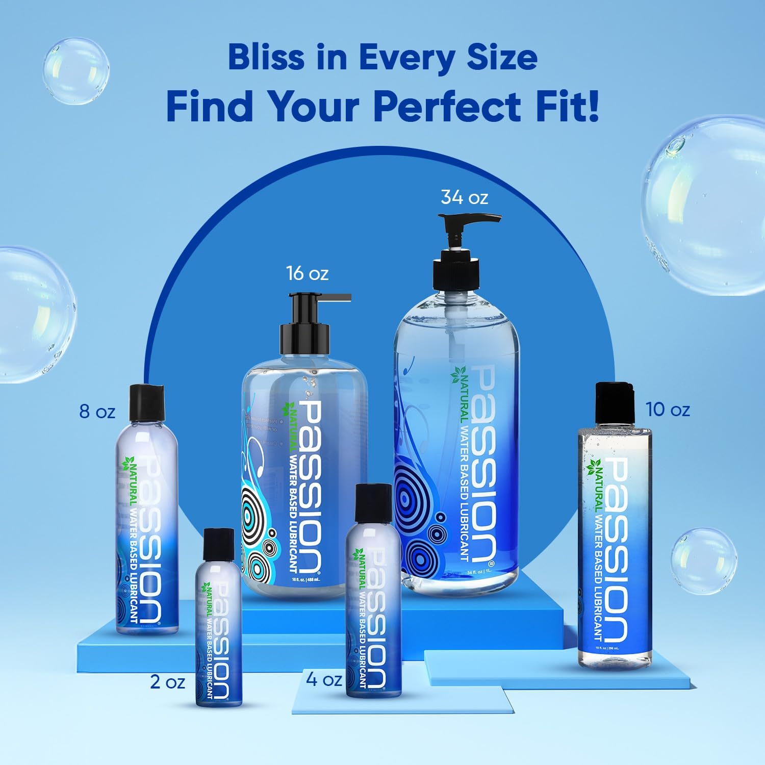 Passion natural water-based lubricant in various sizes.