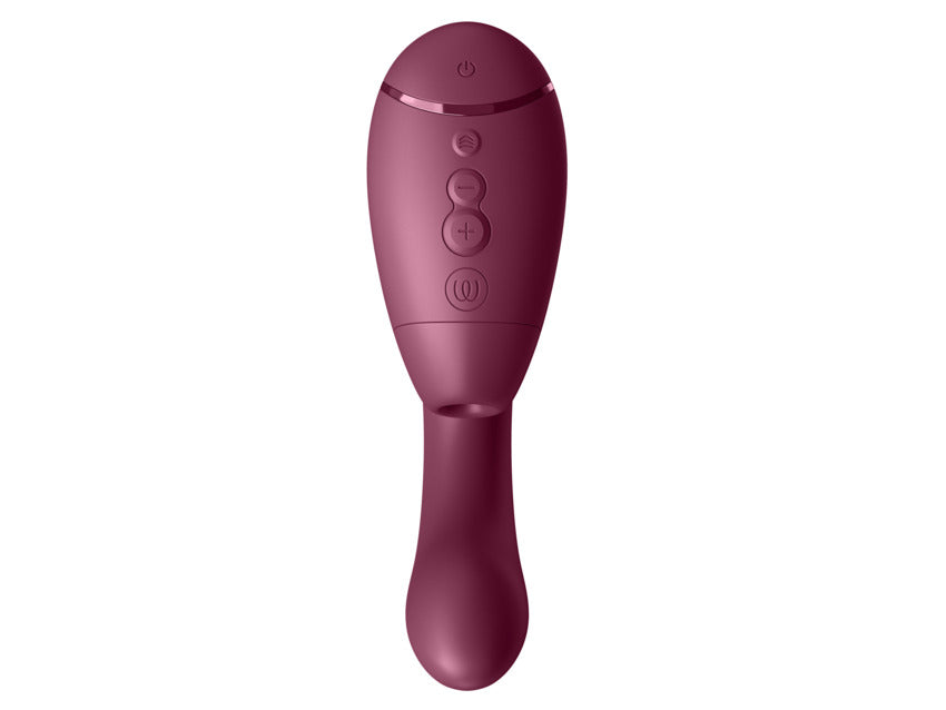 A dusky pink dual G-spot and clitoral stimulator with power and intensity buttons.