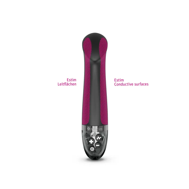 A pink and black E-stim vibrator with control buttons at the base.