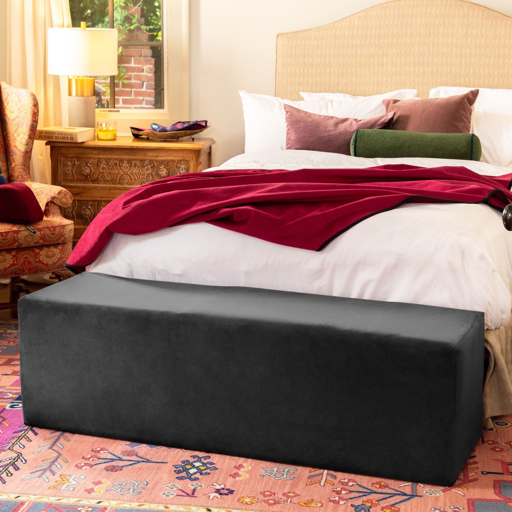 Black velvet convertible sex chair and bed bench.