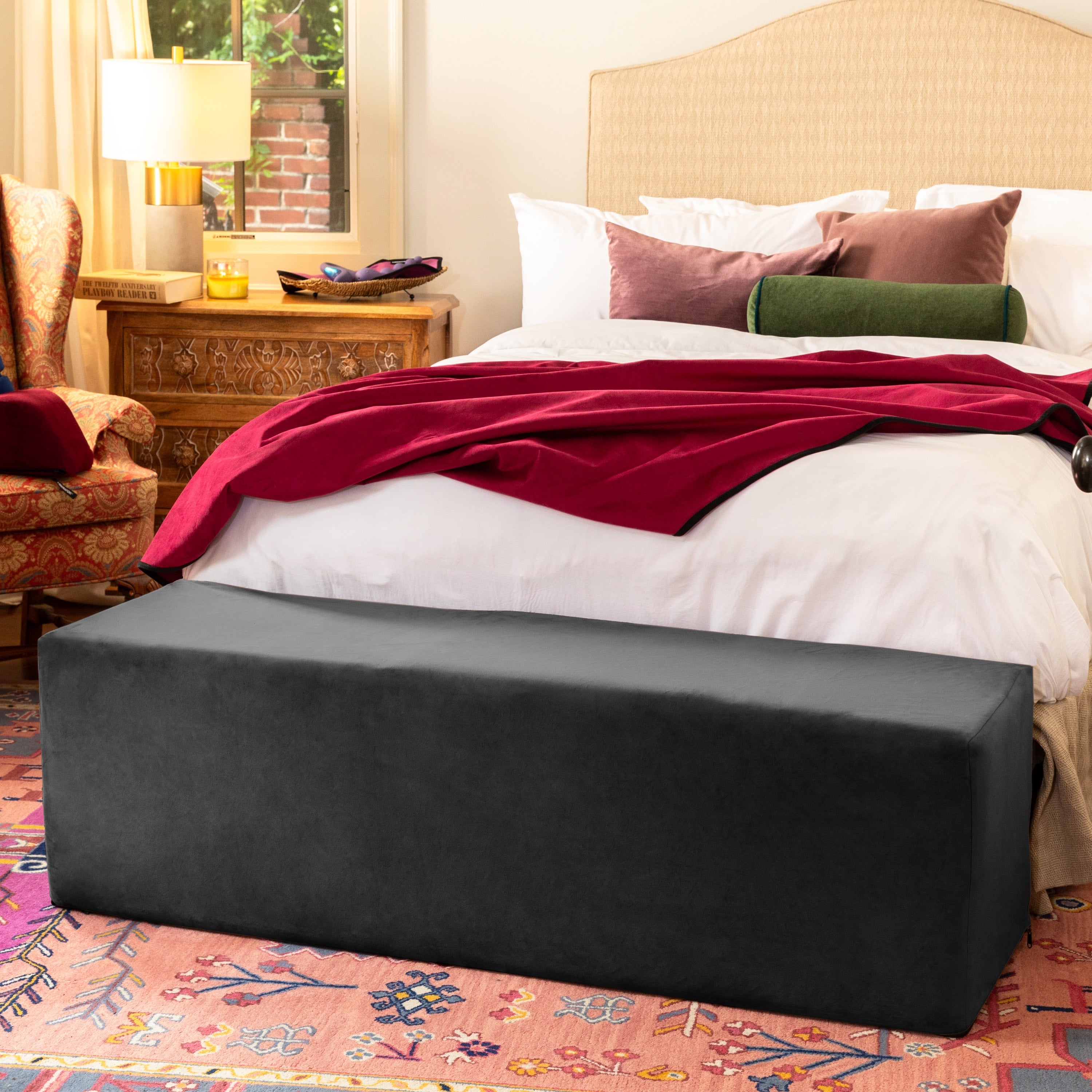 Black velvet convertible sex chair and bed bench.