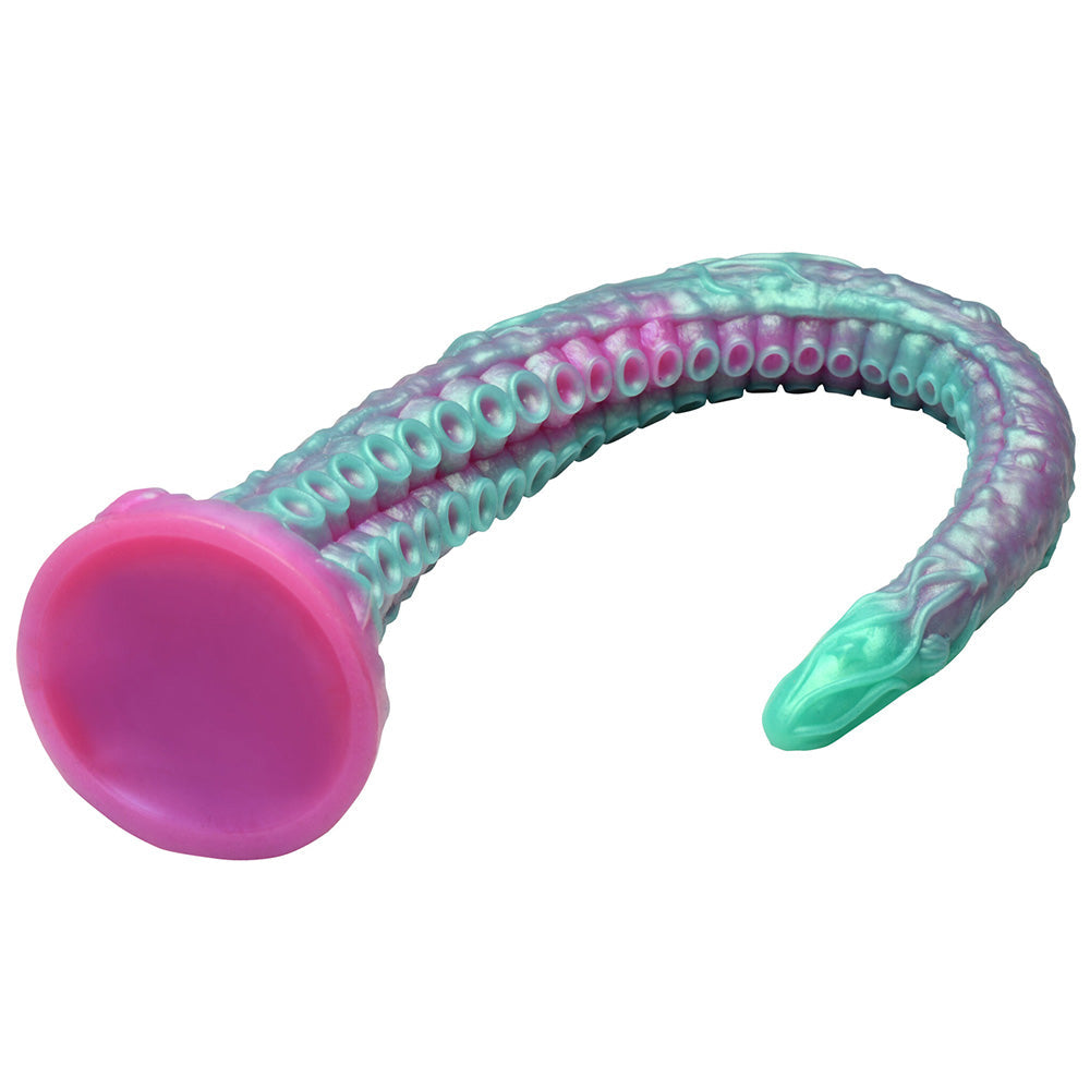 A pink and teal tentacle silicone dildo with a suction cup base.