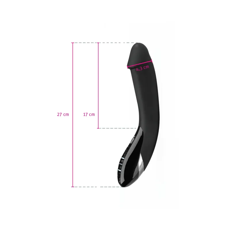 Black silicone e-stim vibrator with pelvic floor training, 27 cm length.