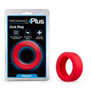 Red silicone cock ring in packaging and next to it.