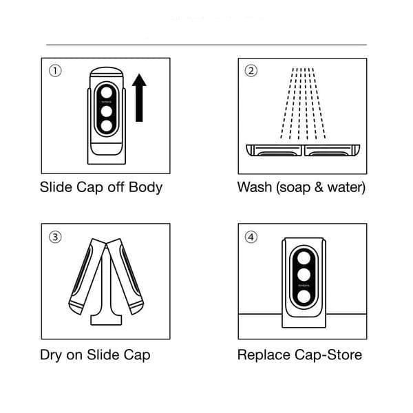 Diagram showing how to clean and store a Tenga masturbator.