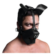 Black leather puppy hood with ears and a removable ball gag.
