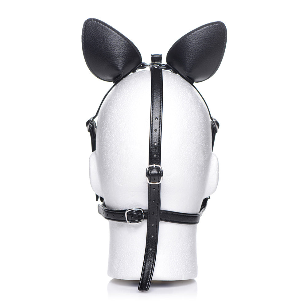 Black vegan leather pony head harness with ears and adjustable straps.