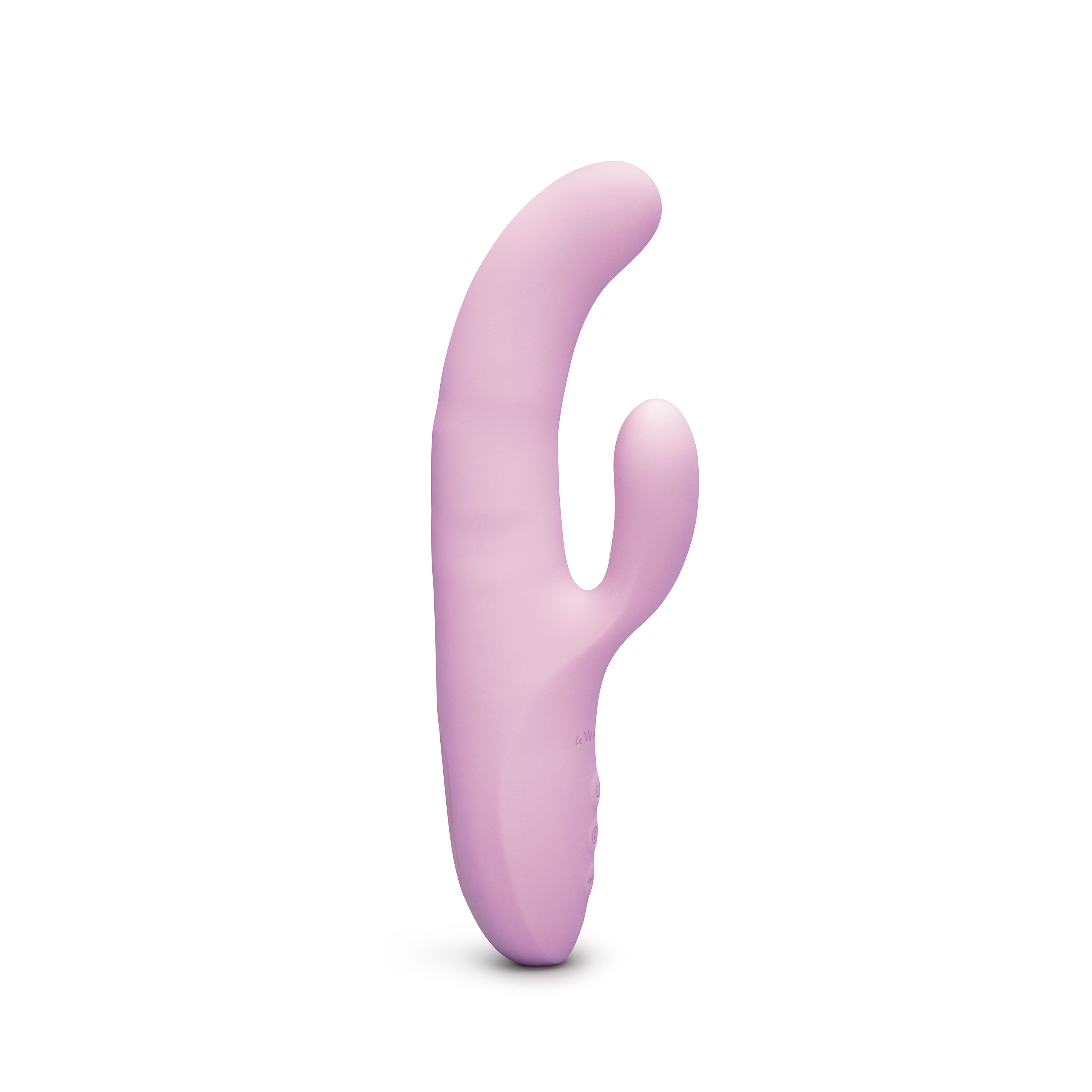 A pink silicone rabbit vibrator with a curved shaft and a smaller clitoral stimulator.