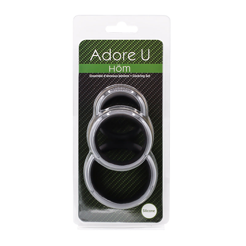 Black silicone cock ring set with three sizes in packaging.