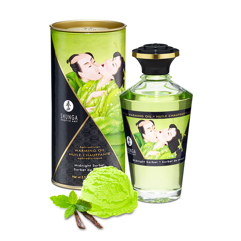 Shunga Midnight Sorbet warming edible oil bottle and tube with sorbet.