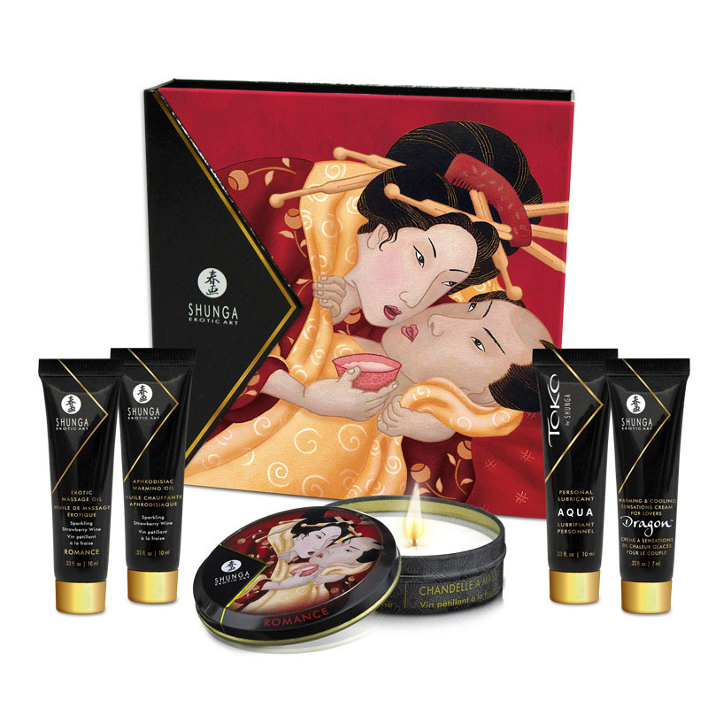 Shunga Geisha's Secret gift set with massage oil, lube, and candle.