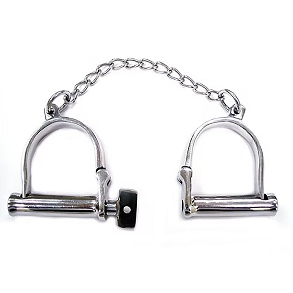 Stainless steel wrist shackles with a connecting chain and a black key.