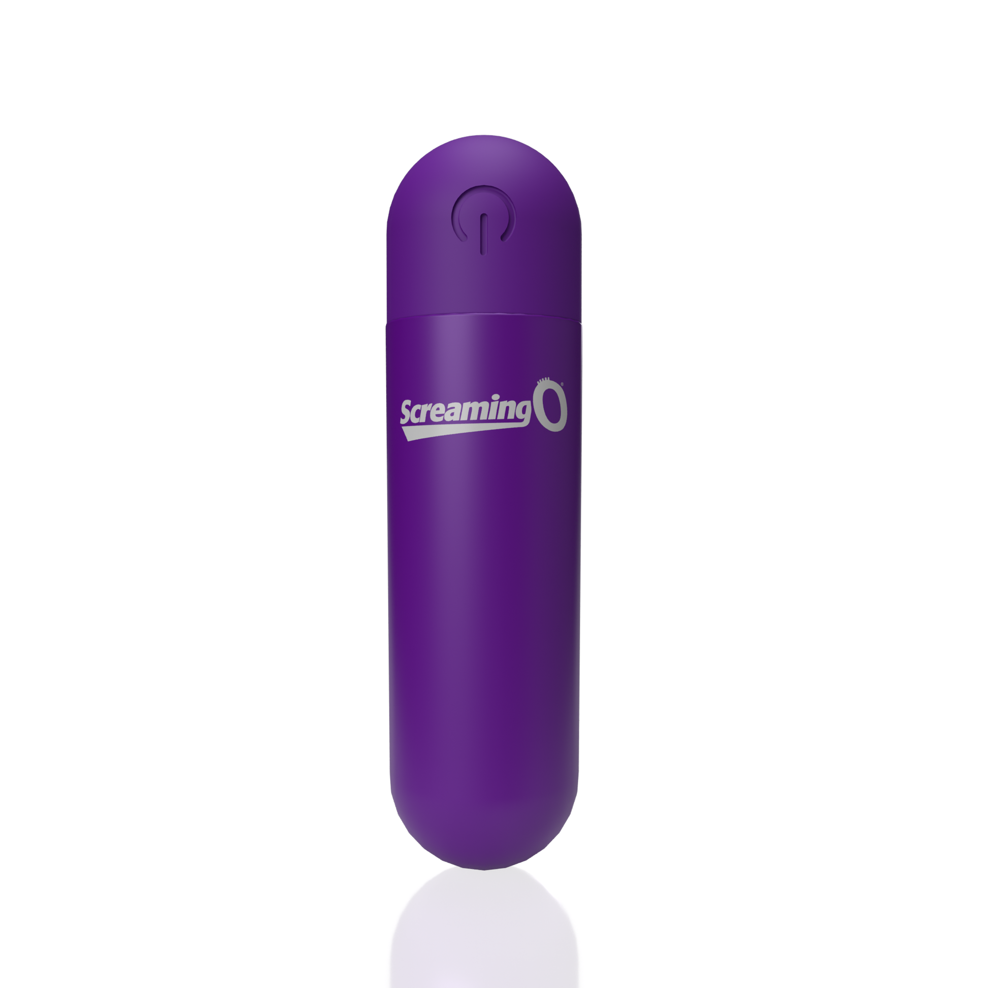 Purple rechargeable bullet vibrator with power button and Screaming O logo.