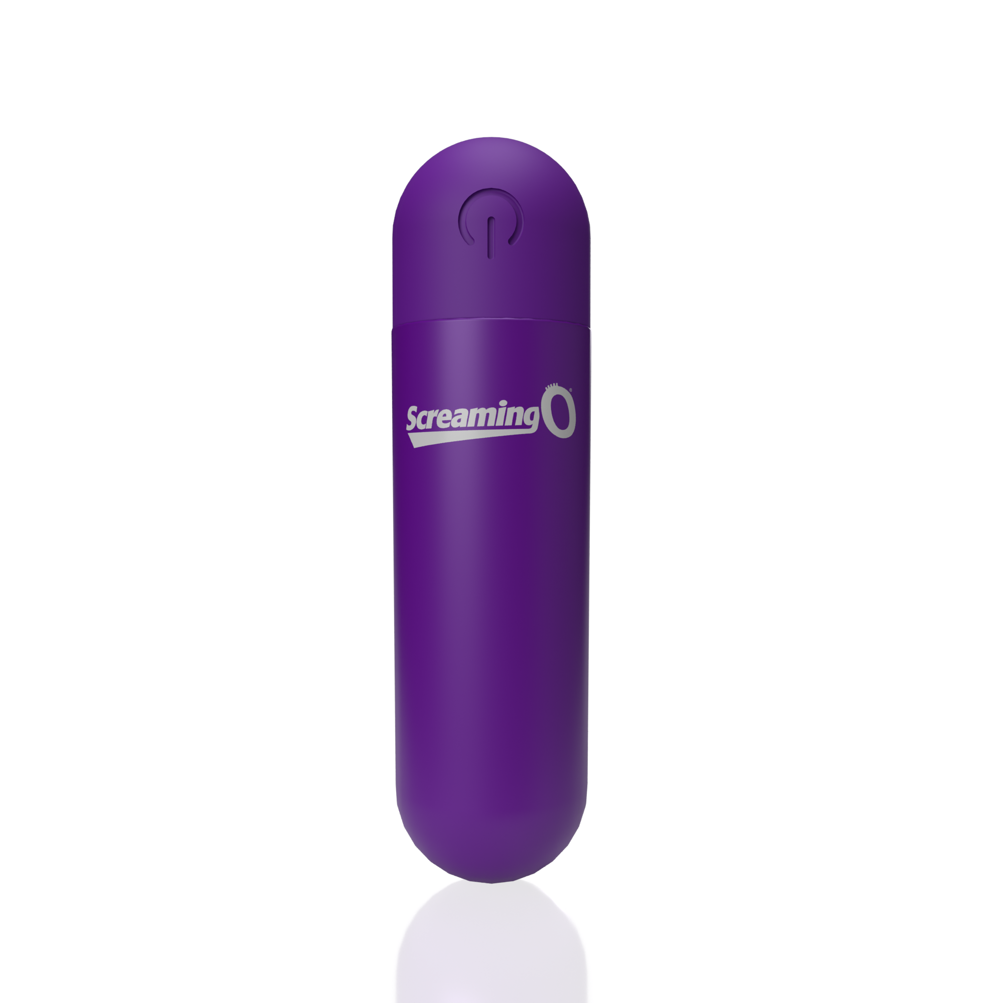 Purple rechargeable bullet vibrator with power button and Screaming O logo.