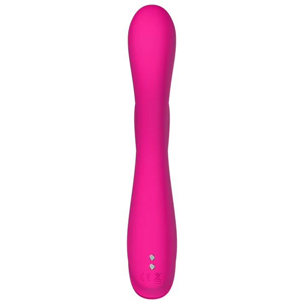 A bright pink, app-controlled oscillating rabbit vibrator with two small buttons at the base.