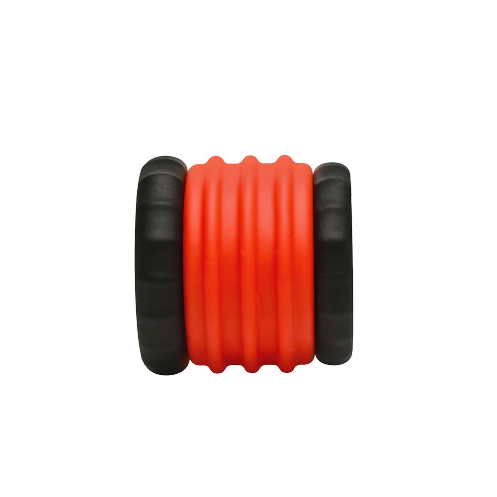 Red silicone cock ring with black ends.
