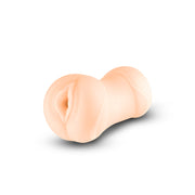 A peach-colored TPE vagina stroker with a textured interior.