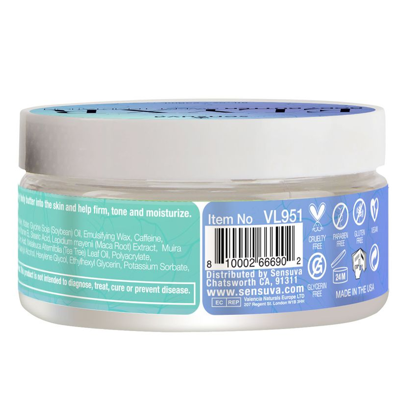 Sensuva Sweet Temptation Vanilla & Sugar body butter in a clear jar with a white lid.