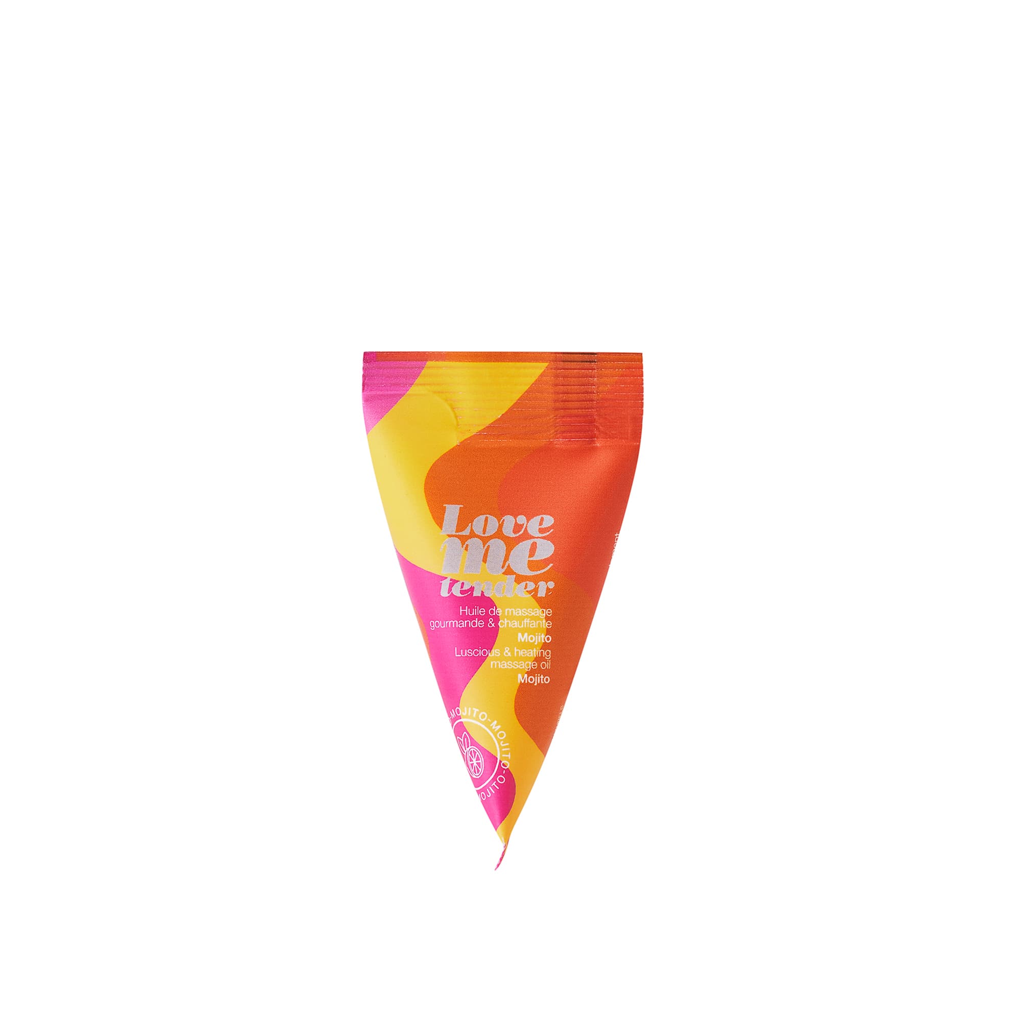 A cone-shaped packet of Love me tender warming massage oil with a mojito scent.