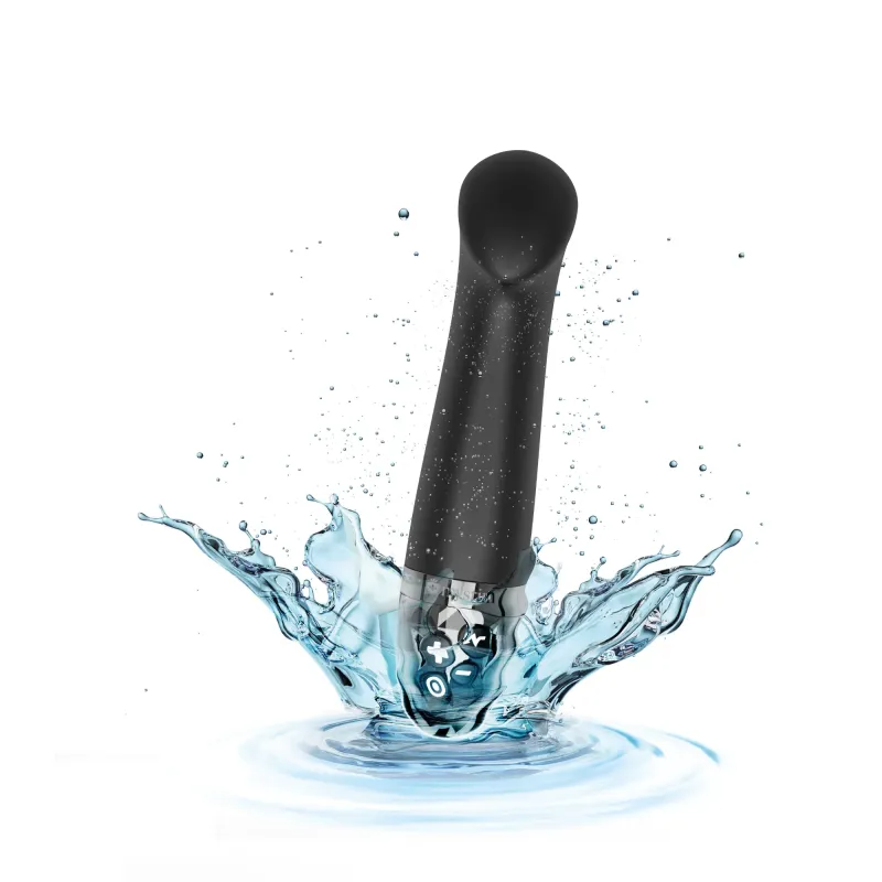 Black silicone vibrator with a curved tip splashing into water.
