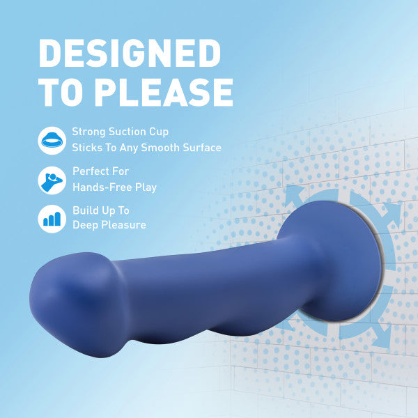 A blue silicone dildo with a suction cup base and text describing its features.