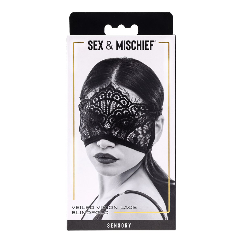 Black lace blindfold with "Sex & Mischief" branding.