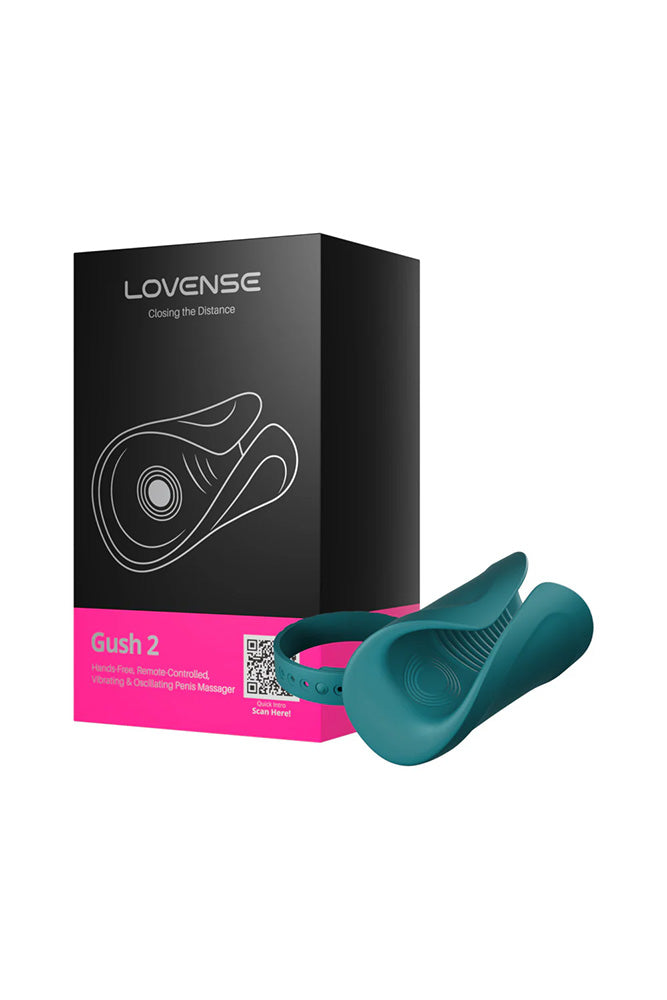 A teal Lovense Gush 2 massager with its box.