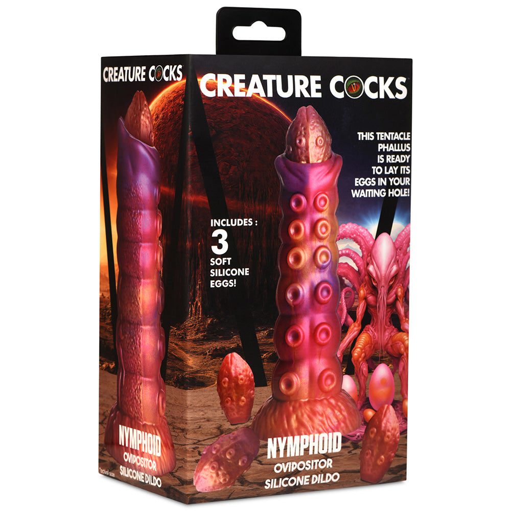 Nymphoid Ovipositor silicone dildo with three soft silicone eggs.