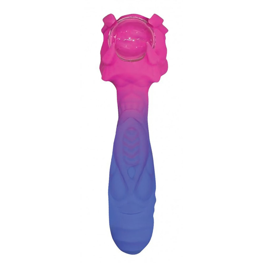 Pink and blue silicone wand massager with a glass bowl.