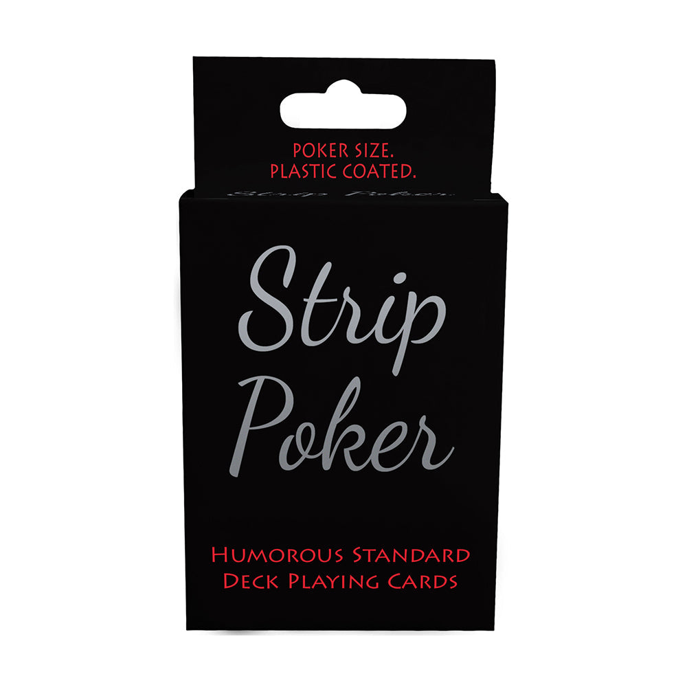 A black box of Strip Poker playing cards with silver text.