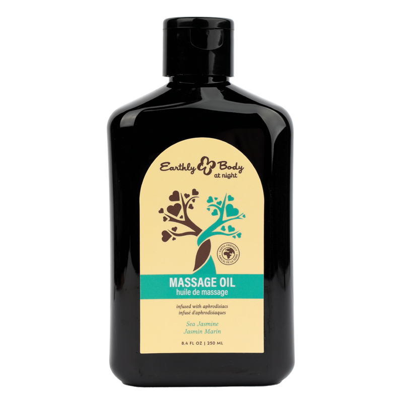 Black bottle of Sea Jasmine massage oil with a yellow label.