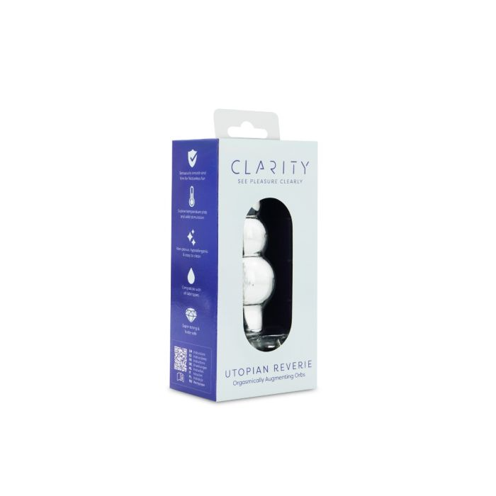 A box of three clear glass anal beads with the brand name Clarity.
