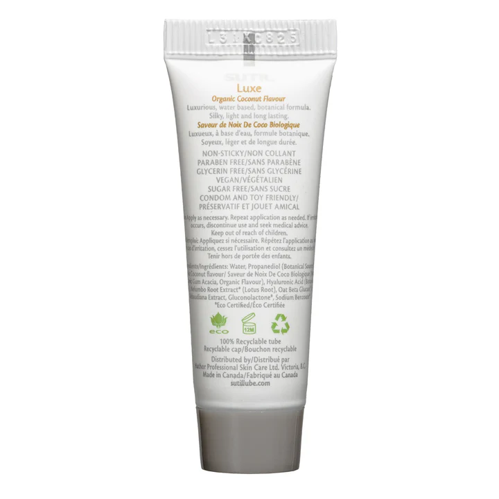 Sutil Luxe Organic Coconut Flavour water-based lubricant tube.