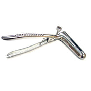 Stainless steel anal speculum with a locking screw.