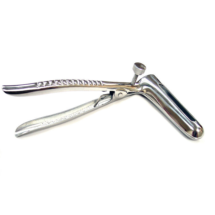 Stainless steel anal speculum with a locking screw.