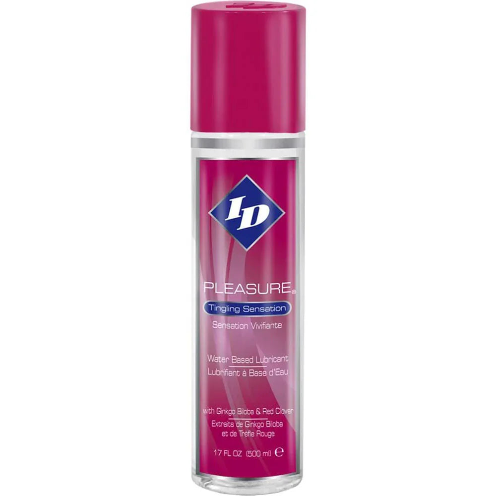 ID Pleasure Tingling Water-Based Lubricant in a pink bottle.