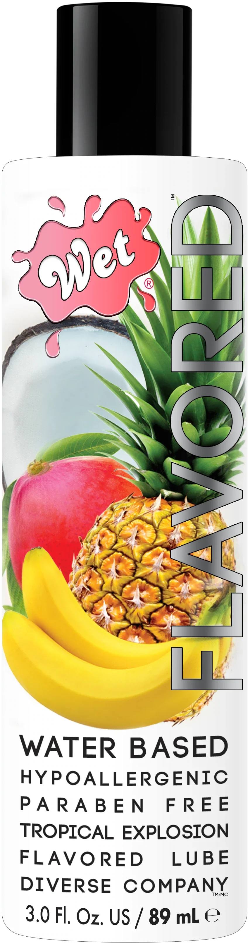Wet Tropical Explosion edible warming lubricant with fruit imagery.