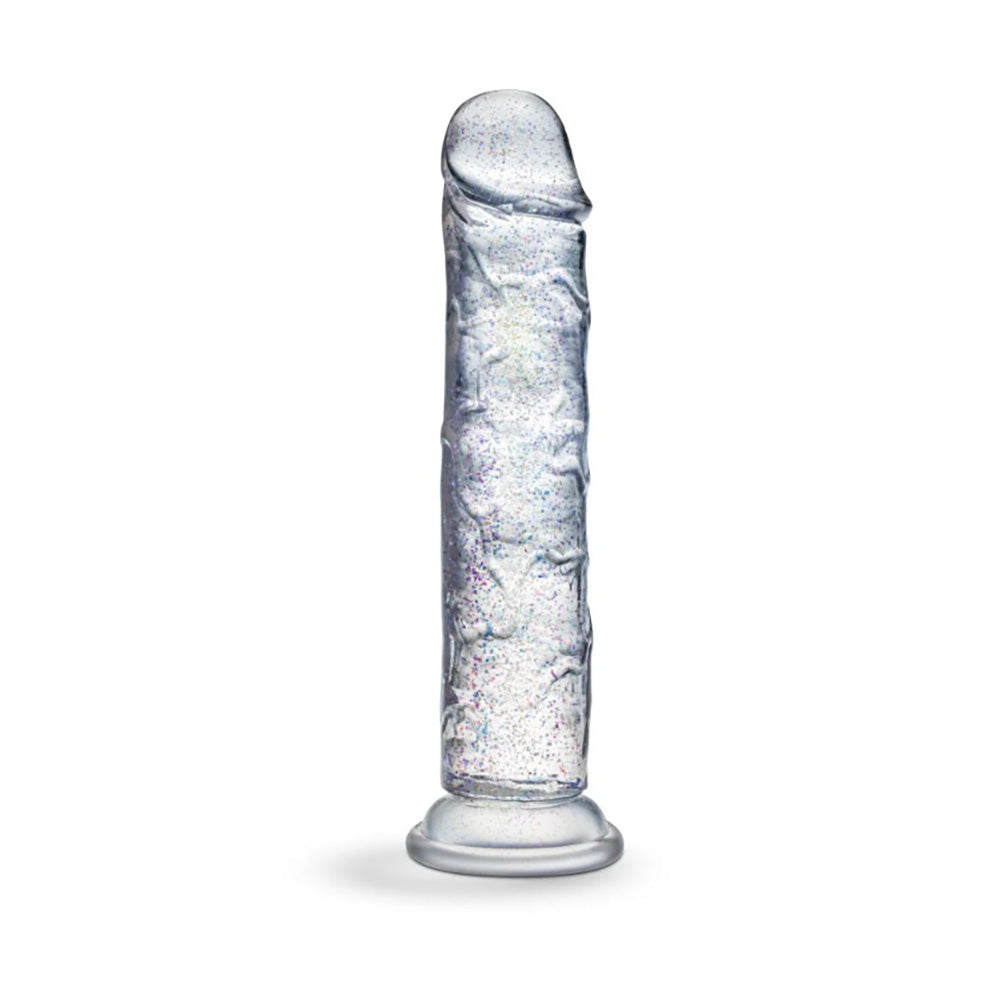 Clear 7-inch sparkling dildo with suction cup base on white background.